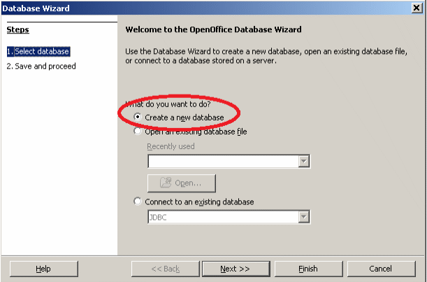 OOBase screen requesting the type of project to open